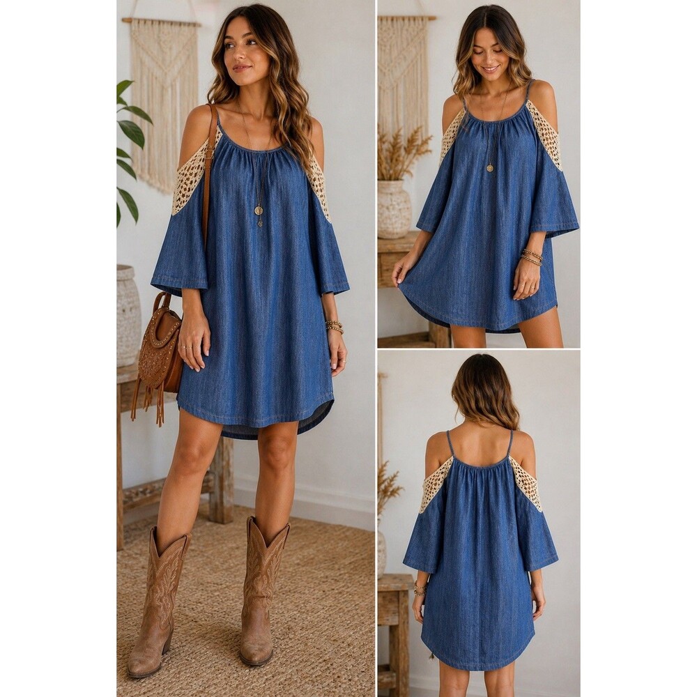 Umgee Blue Chambray Boho Mini Dress Crochet Cold Shoulder Size M